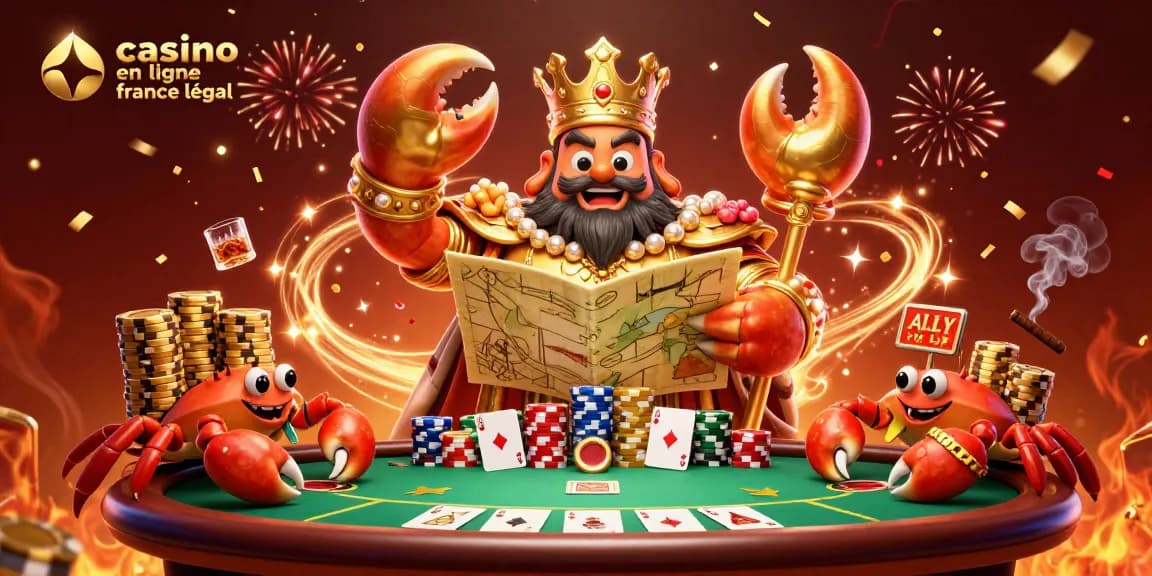 Illustrez l'expérience du casino en ligne légal en France avec un crabe empereur et des personnages jouant au poker.