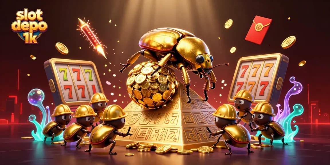 Experience thrilling gameplay with slot depo 1k featuring a massive golden beetle and vibrant casino elements.