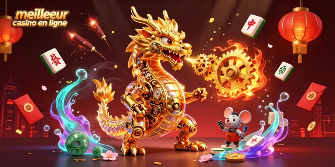 Illustration dynamique du meilleur casino en ligne avec un dragon doré et des éléments de jeu captivants.