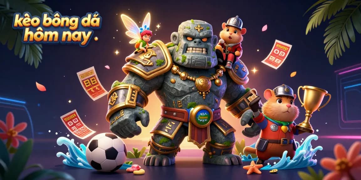 Experience kèo bóng đá hôm nay action with animated golem, fairy, and hamster knight in a vibrant casino scene.
