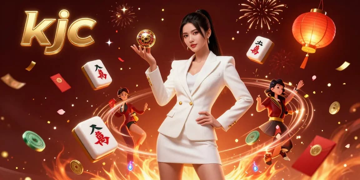 KJC casino gaming illustration featuring a glamorous Asian woman in a tuxedo holding a roulette ball.