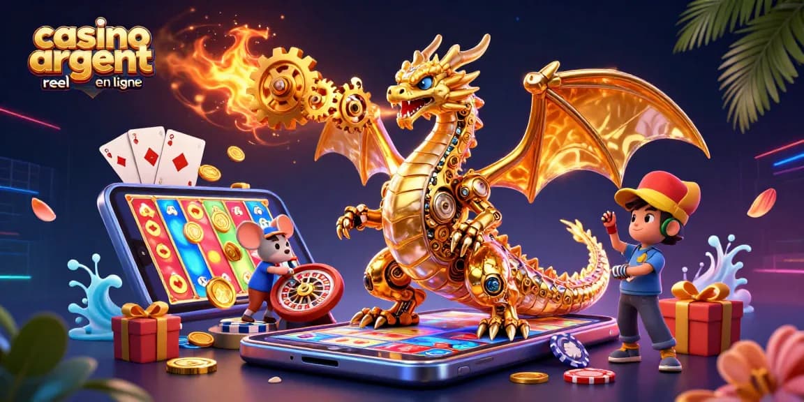 Un dragon doré biocanique dans un cadre ludique du casino argent réel en ligne