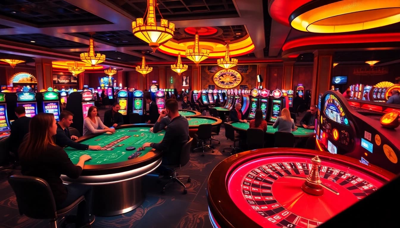 Enjoy exciting casino online games with colorful tables and enthusiastic players.