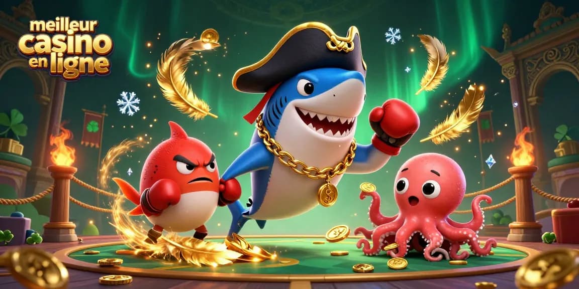 Illustration dynamique du meilleur casino en ligne avec un requin pirate et une pieuvre tenant des pièces d'or.