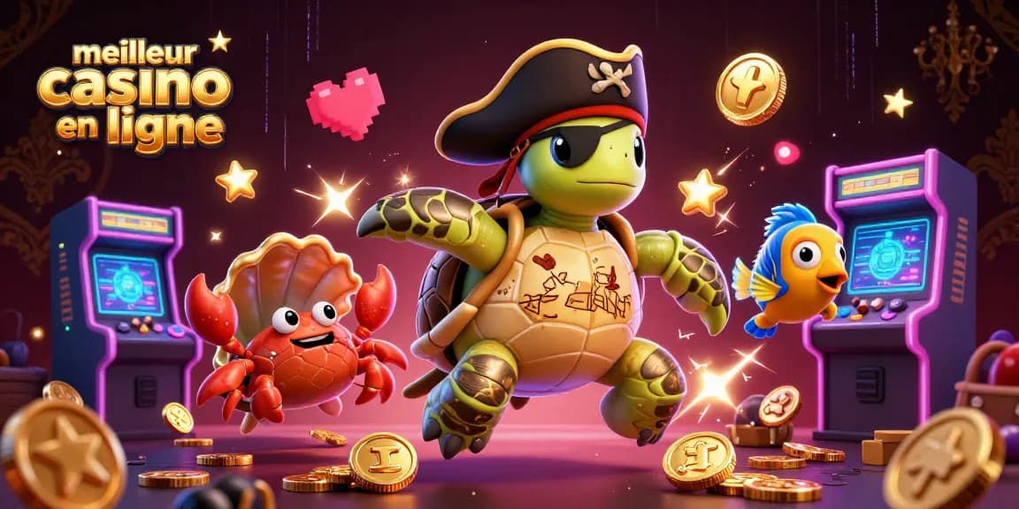 Visualisez le meilleur casino en ligne avec la tortue pirate et des machines de jeu colorées, plongées dans un monde sous-marin.
