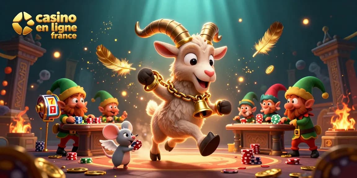 Plongez dans l'univers du casino en ligne France avec une scène animée de personnages dans un cadre festif et interactif.