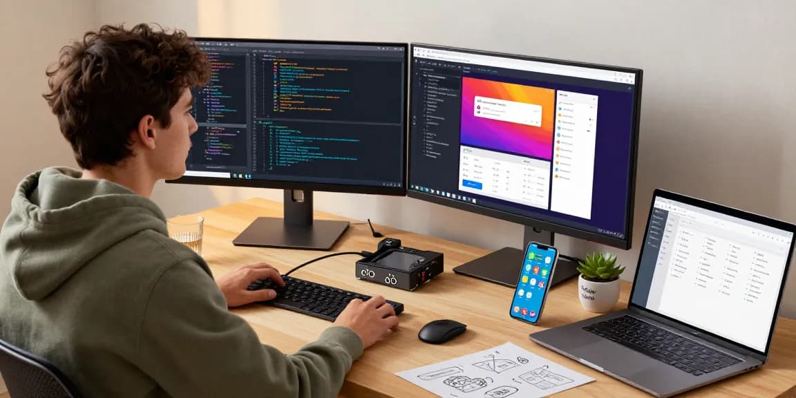 Dynamic workspace featuring a developer engaging with crushonai's interface and coding elements, illustrating a creative tech environment.