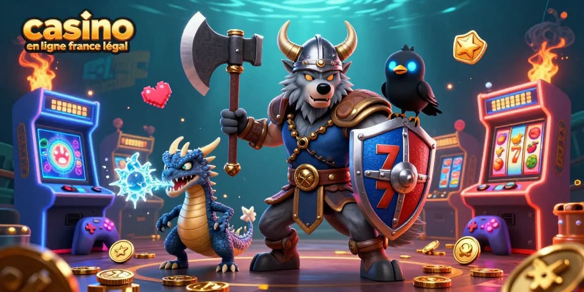 Action de jouer au casino en ligne France légal avec un Viking et un dragon dans un monde coloré.