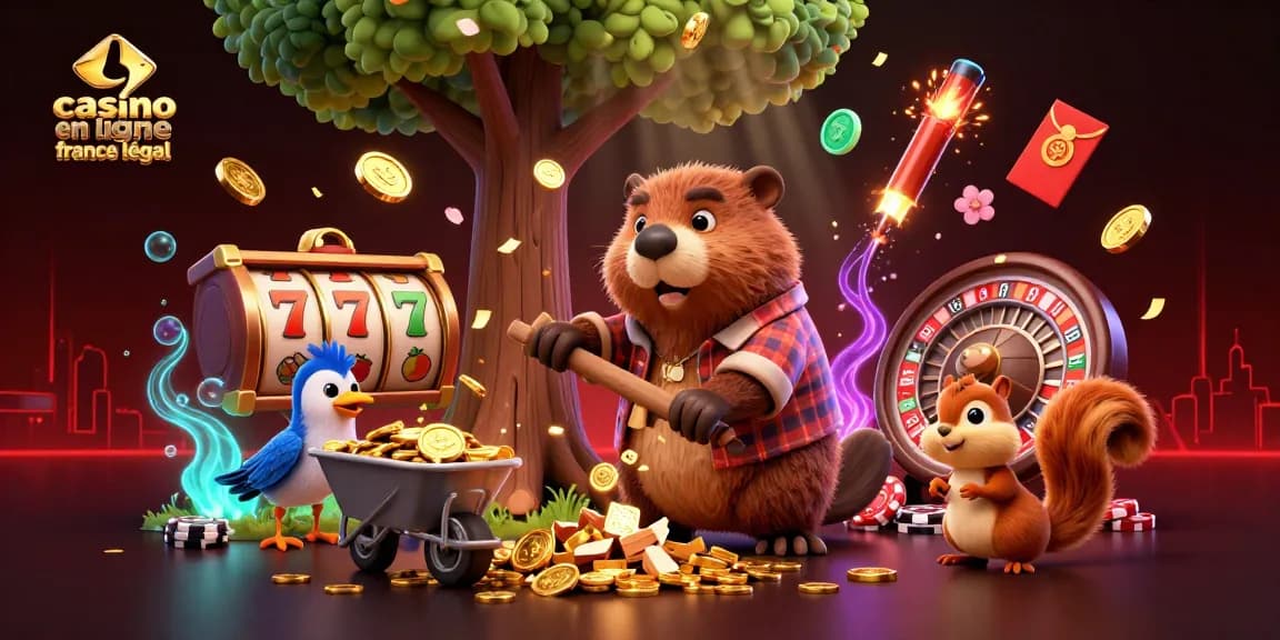 Illustration dynamique de casino en ligne France légal avec un castor, un oiseau et un écureuil collectant des pièces d'or.
