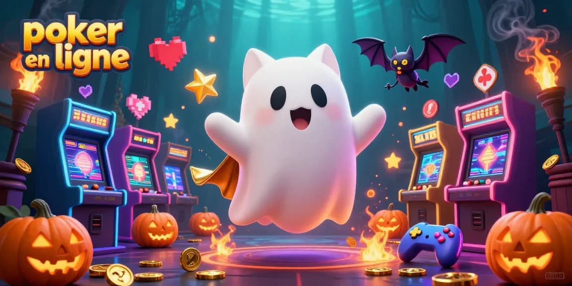 Jouez au poker en ligne avec cette illustration colorée de fantômes et de jack-o-lanterns dans un casino hanté.