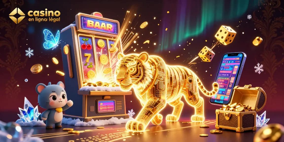 Une illustration dynamique représentant un tigre en néon dans un paysage de casino, avec le texte casino en ligne légal en France.