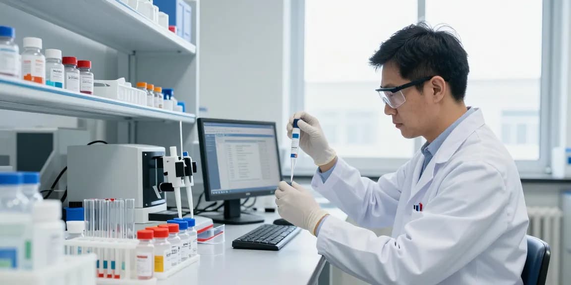 Researching SwissChems Peptides in a dynamic lab environment with scientific equipment and data analysis.
