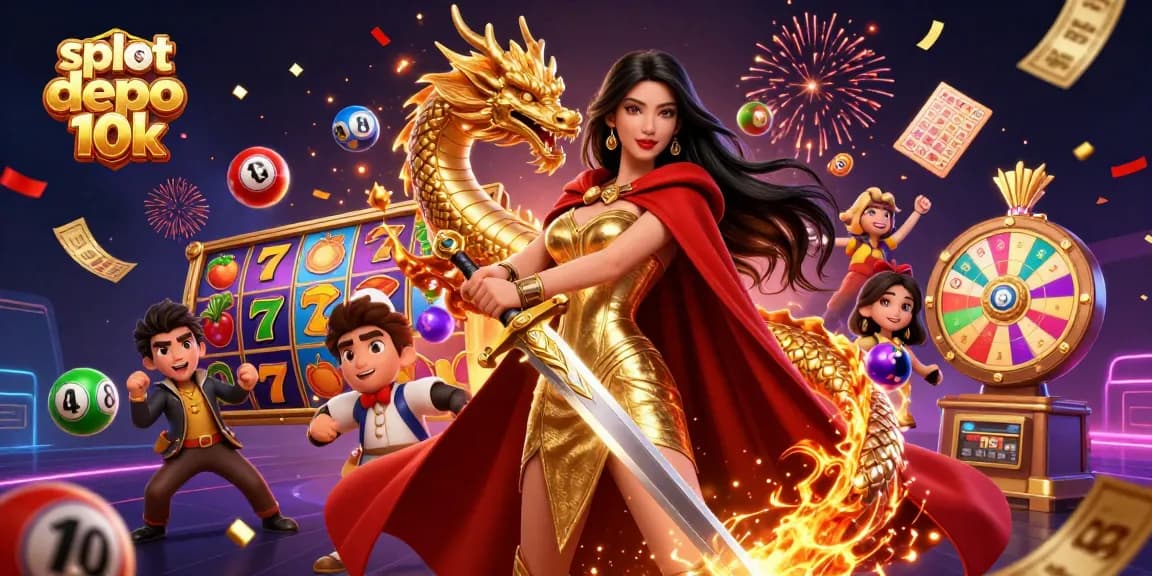 Engage with the exciting world of slot depo 10k featuring vibrant slot reels, a warrior queen, and dynamic elements in a magical scene.
