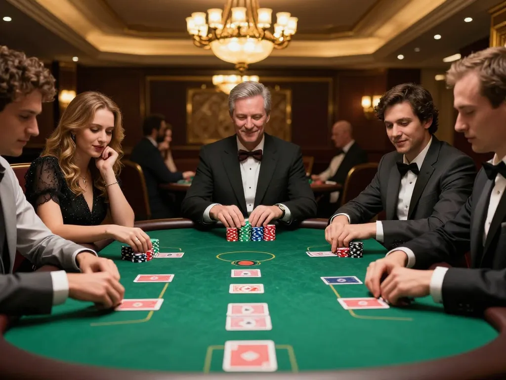 Players strategizing at a high-stakes poker table in a luxury casino, highlighting situs 1k gameplay.