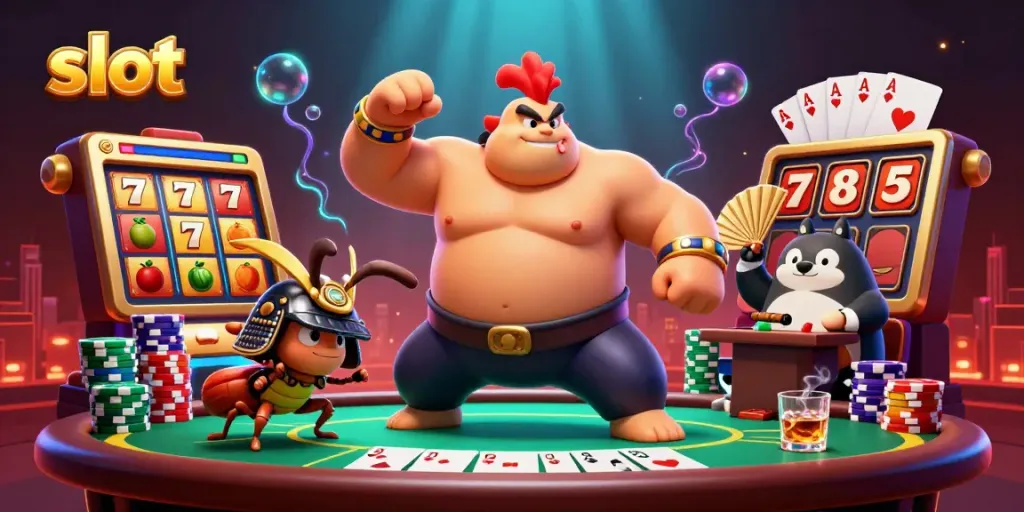 Permainan slot yang menampilkan karakter ayam, jangkrik, dan tanuki di tengah meja poker yang penuh animasi.
