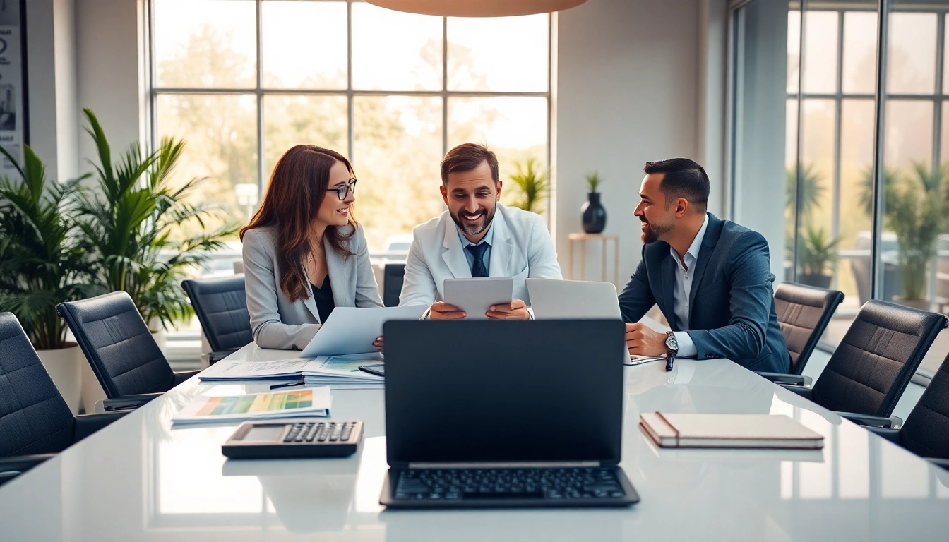 Engaging discussion with an extended warranty provider in a bright office setting.