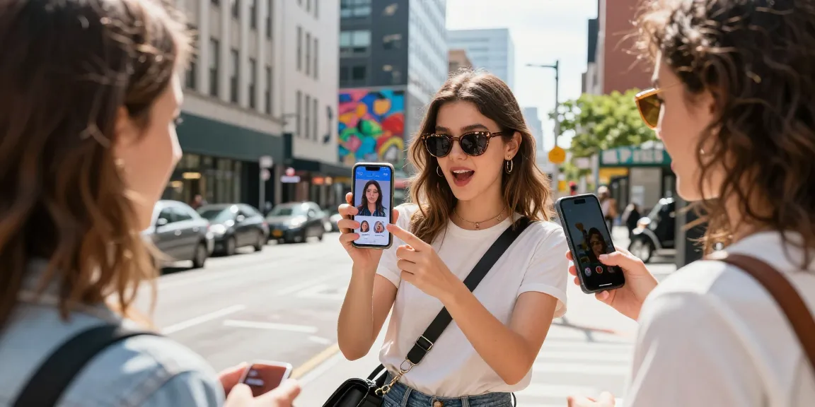 Young woman excitedly discovering her celebrity look alike on a smartphone app in a vibrant urban setting.