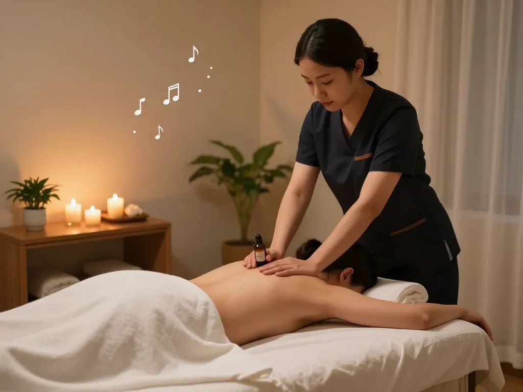 Relaxing Dongdaemun스웨디시 massage scene with soothing ambiance and therapist at work.