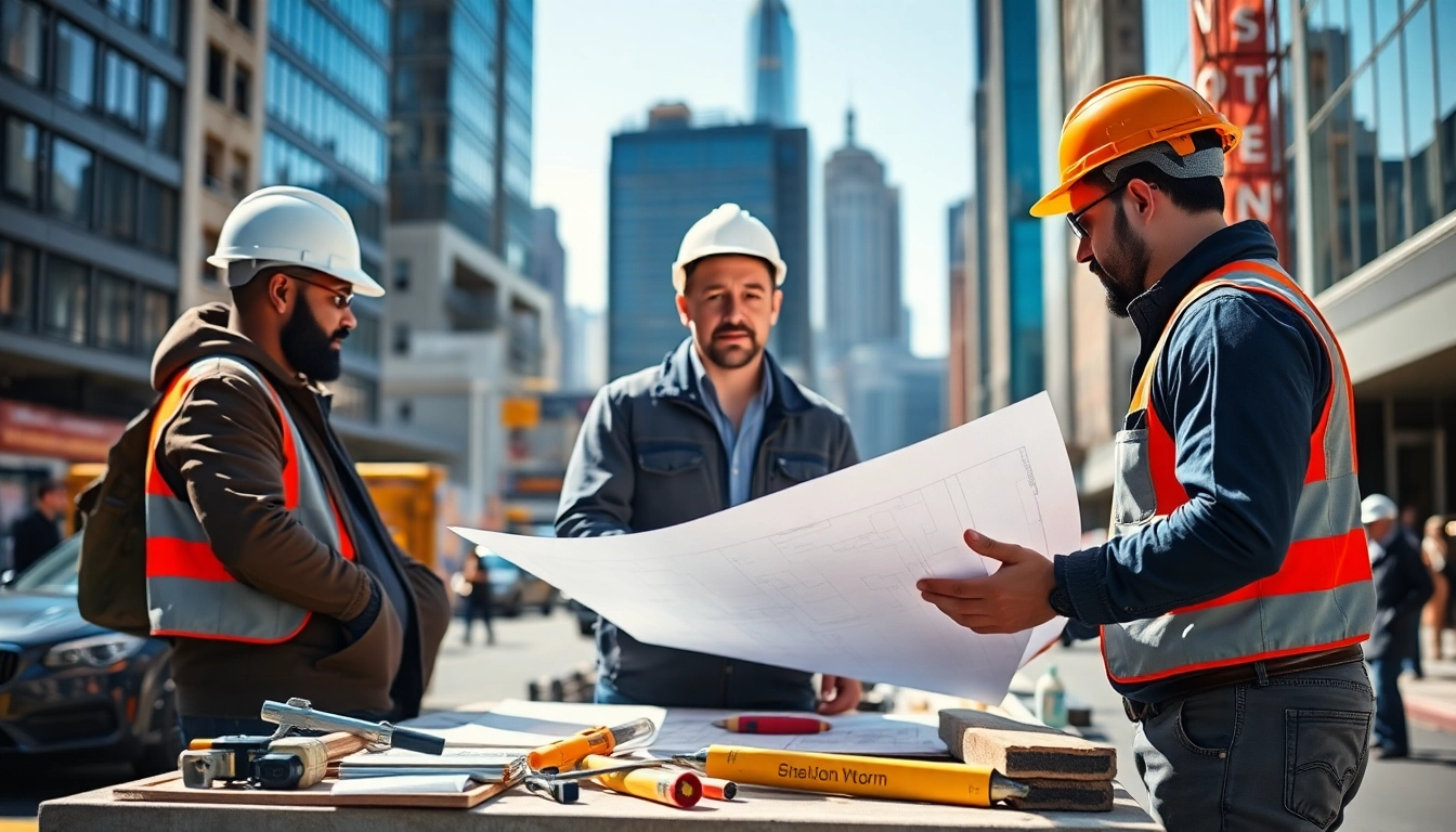 Manhattan Commercial General Contractor discussing plans with team in urban construction setting.