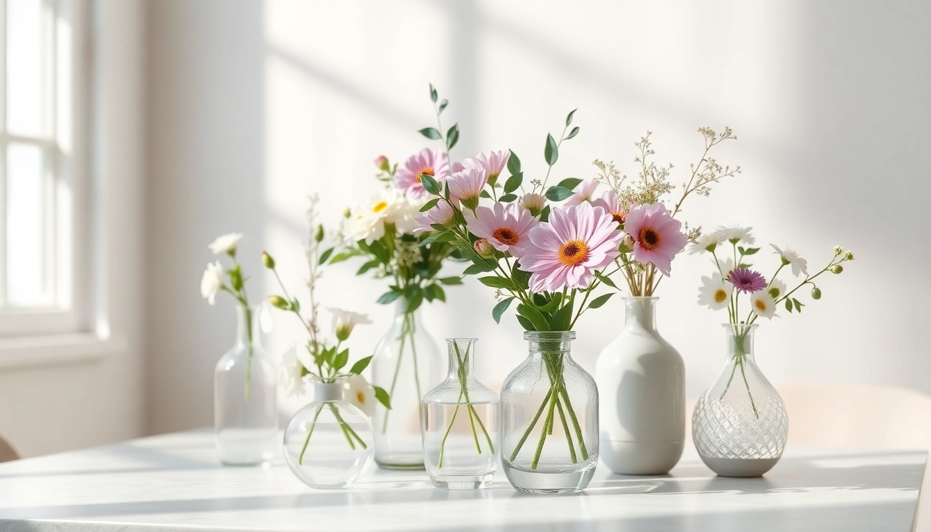 Stylish bud vases with colorful flowers arranged on a serene tabletop, showcasing elegance.