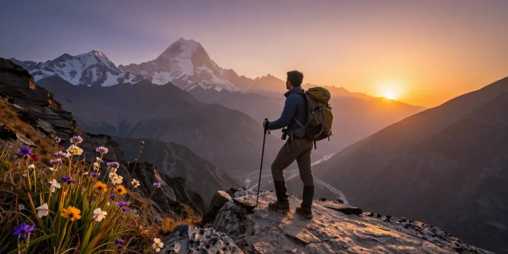 Traveler admiring the stunning Manaslu Circuit at sunset, showcasing the rugged Himalayan landscape and adventure spirit.