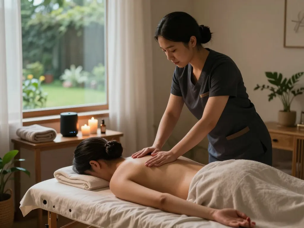 Relaxing 출장안마 session in tranquil home setting with soothing ambiance.