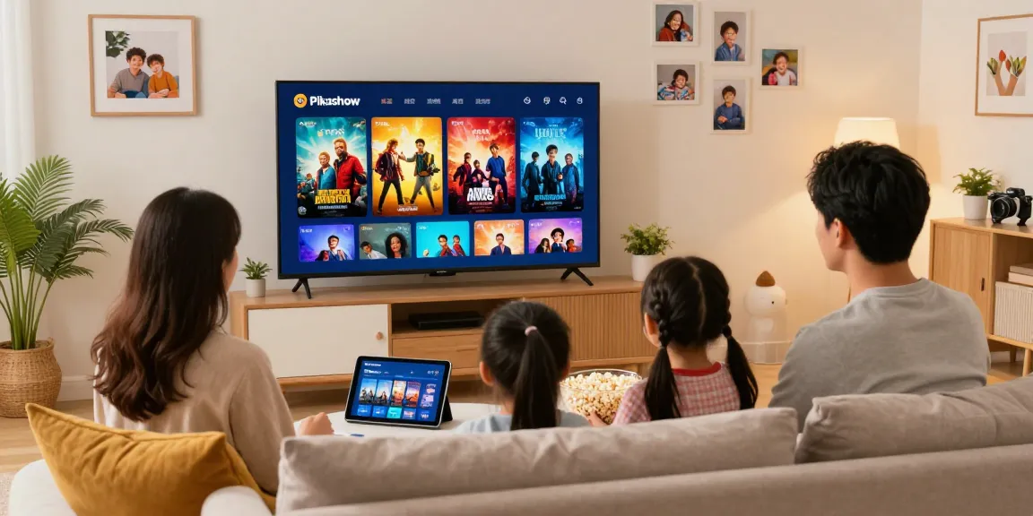 Family enjoying movies on smart TV using Pikashow APK in cozy living room