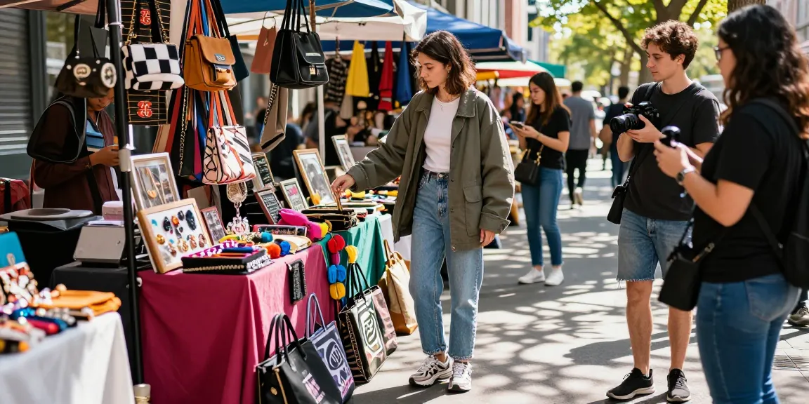 Person exploring stylish 레플리카 쇼핑몰 in vibrant urban market.