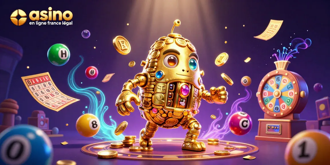 Visuel dynamique de jeux dans un casino en ligne France légal, avec un golem d'or et des éléments de loterie.