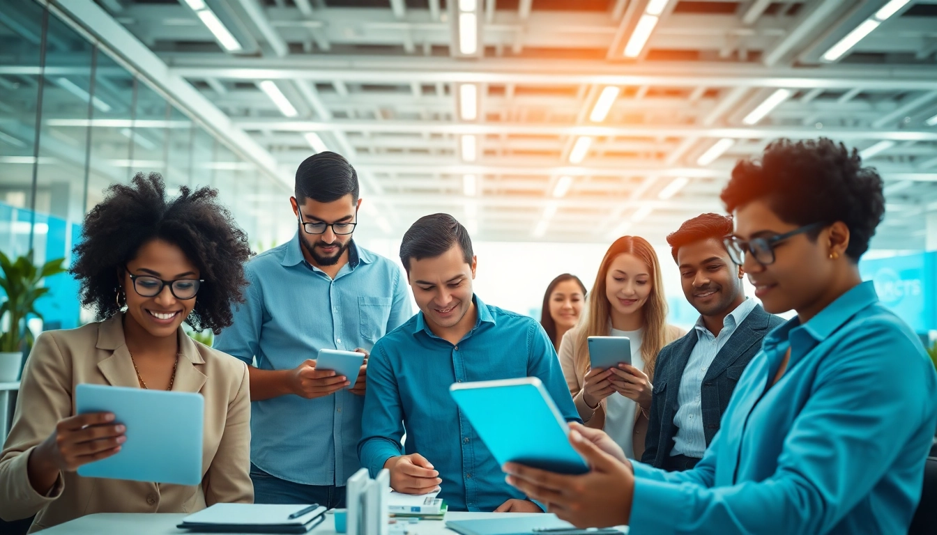 Collaborative team utilizing enterprise assistant software in a modern workspace.