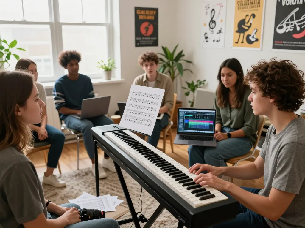 GO 88 digital piano at a music practice session with enthusiastic musicians collaborating and learning.
