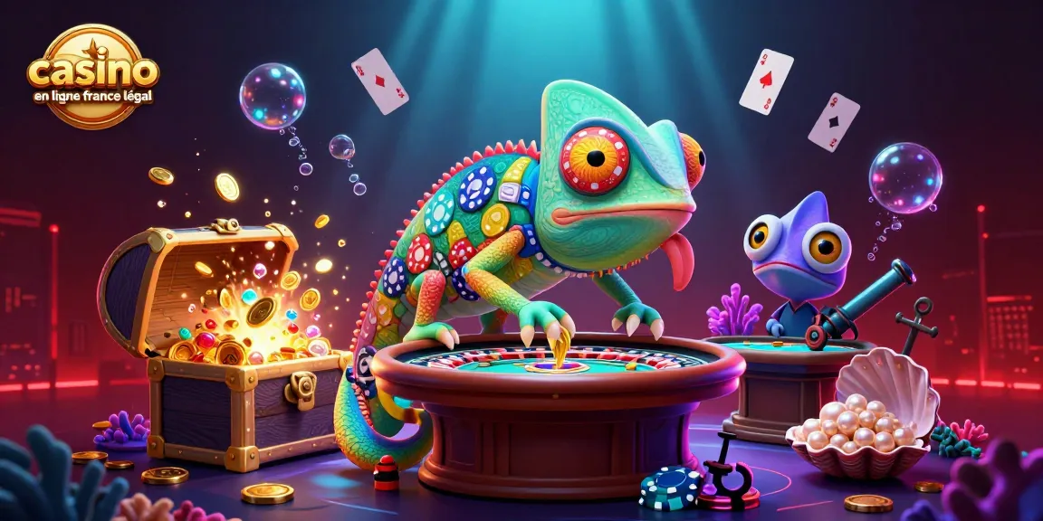 Illustration captivante représentant un chameleon immense dans un casino en ligne France légal, engendrant des gains palpitants.
