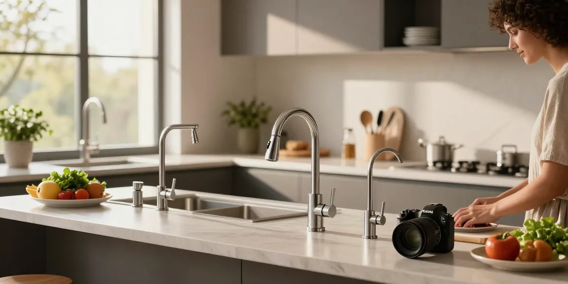 Showcasing various kitchen faucets in a modern kitchen with natural lighting.