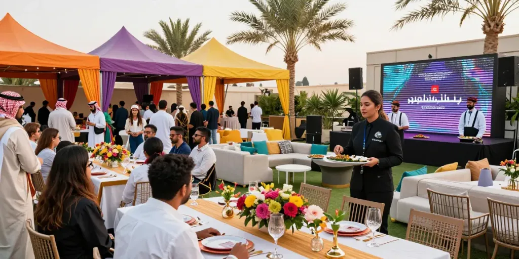 Event rentals in Saudi Arabia featuring vibrant outdoor setup with guests, elegant decor, and festive atmosphere.