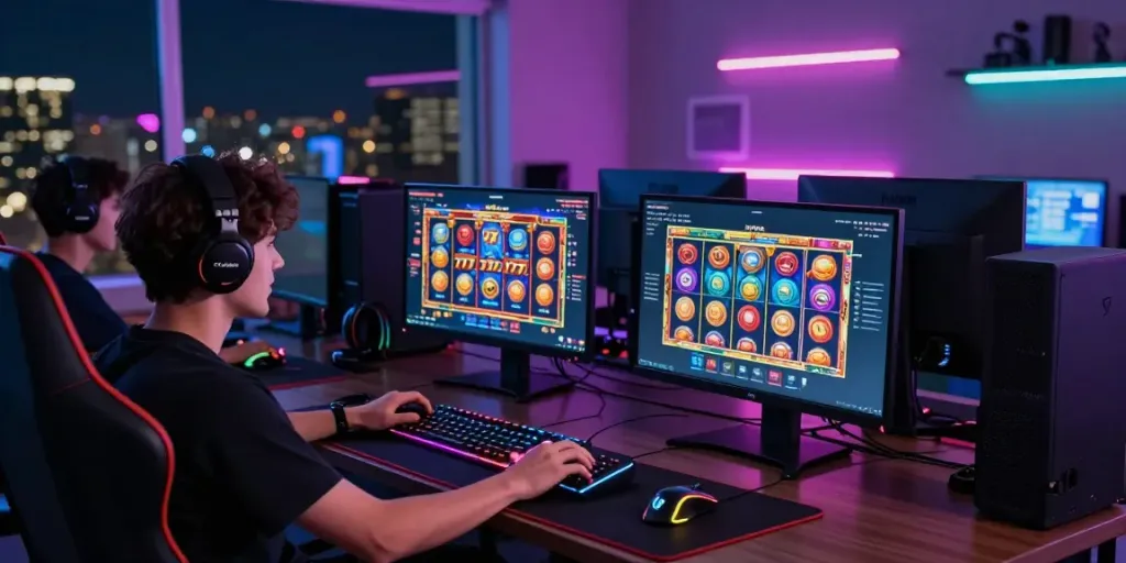 Gamer antusias memainkan slot777 di ruang permainan modern dengan aksesori gaming.