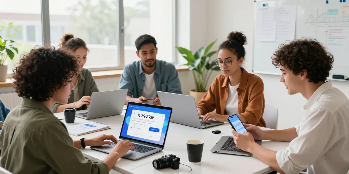 Team collaborating using the 纸飞机中文版 app in a bright modern workspace, showcasing communication and teamwork.