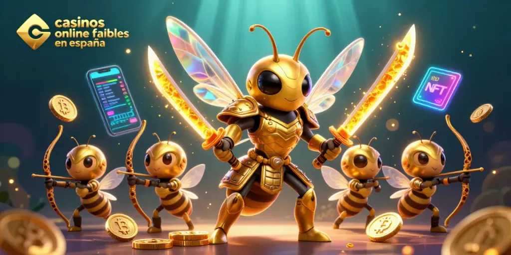 Ilustración 3D de un hornet dorado en armadura de samurái destacando casinos online fiables en España y criptomonedas en el fondo.