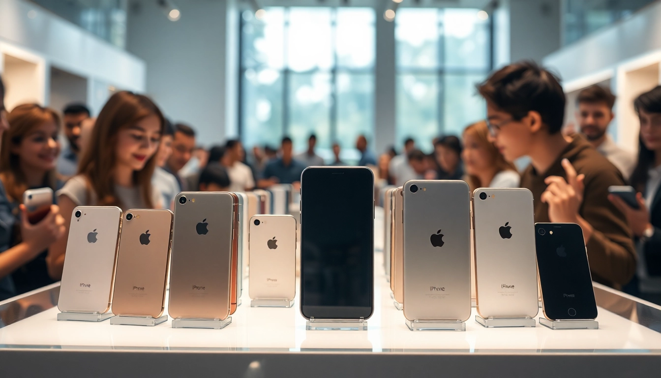 Engaging scene of sell your i phone display in a modern store environment with excited customers.