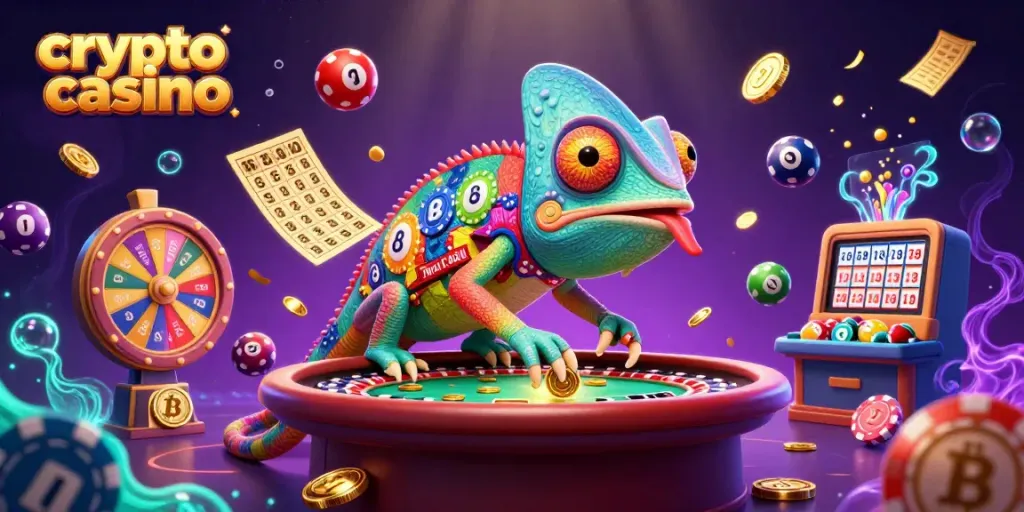 Engage with the captivating crypto casino featuring a colorful chameleon owner amidst vibrant game elements.