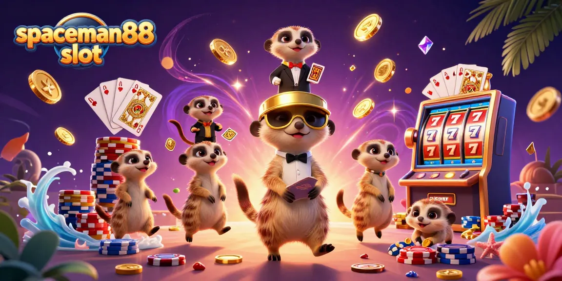 Experience the excitement of spaceman88 slot as meerkats spin the reels and deal cards in a vibrant casino scene.