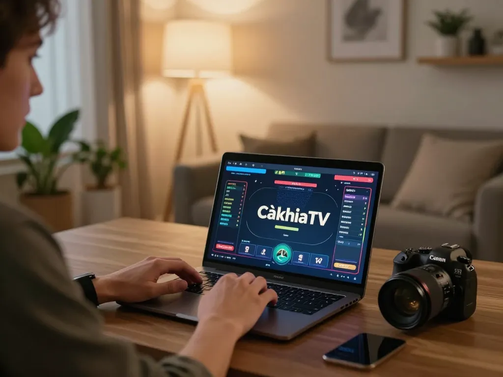 CàkhịaTV user engaged in poker strategy while playing online casino game at home setup.