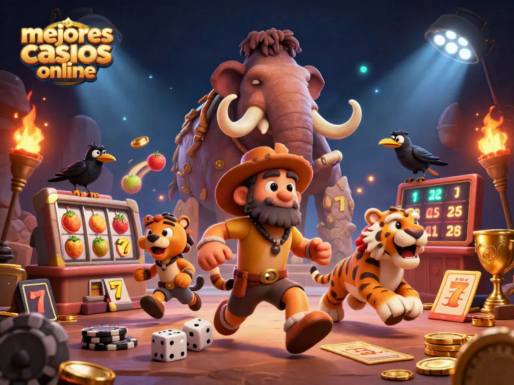 Disfruta de los mejores casinos online con una ilustración vibrante de un casino prehistórico y emocionantes elementos de juego.