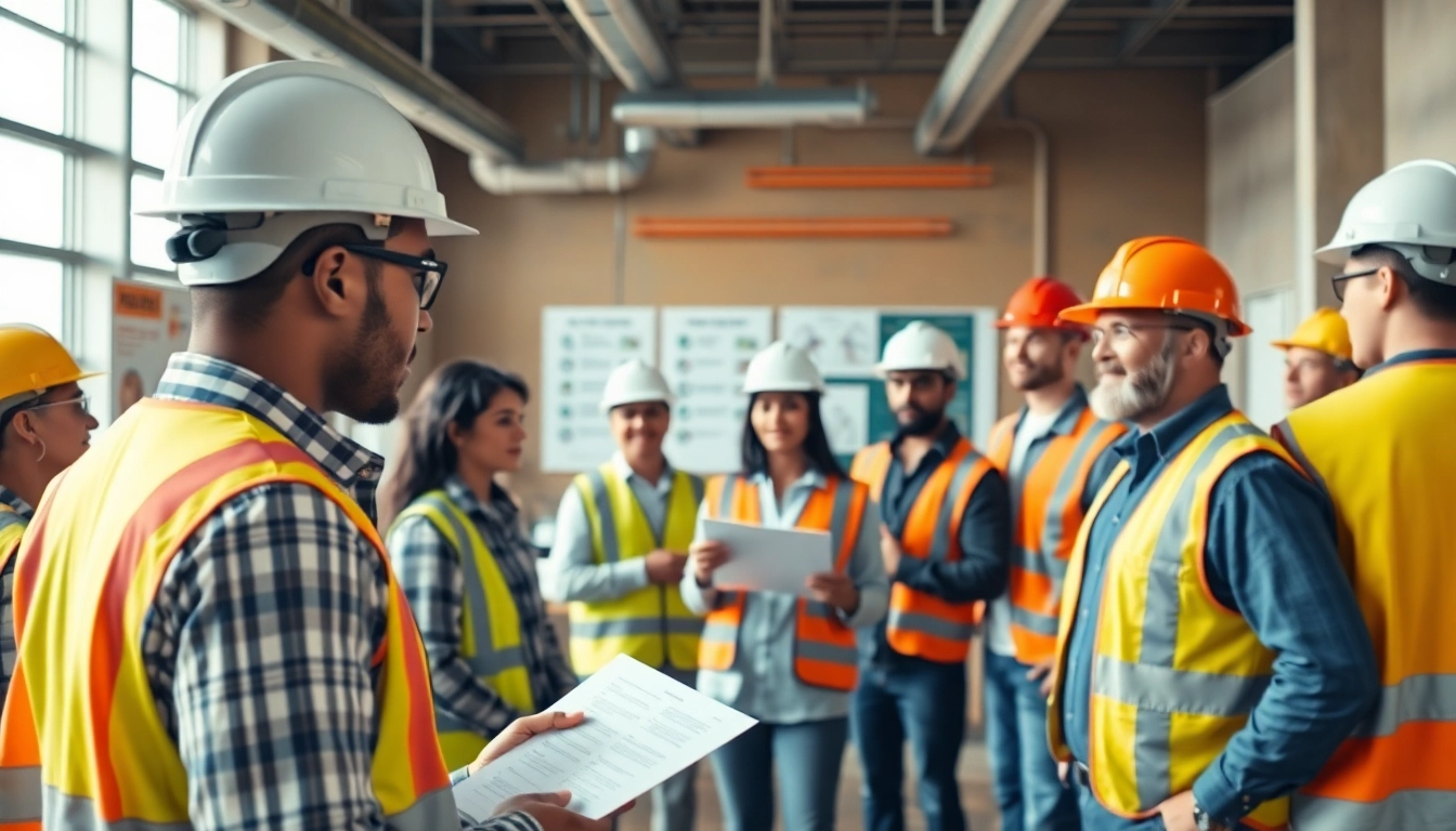 Demonstrating Construction site safety training with diverse workers engaging in safety practices.