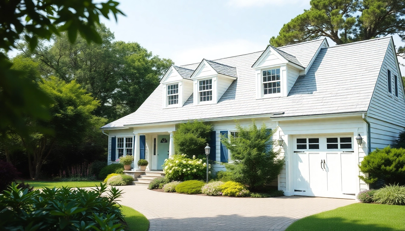 Captivating cape cod home with a beautifully designed attached garage and serene garden.