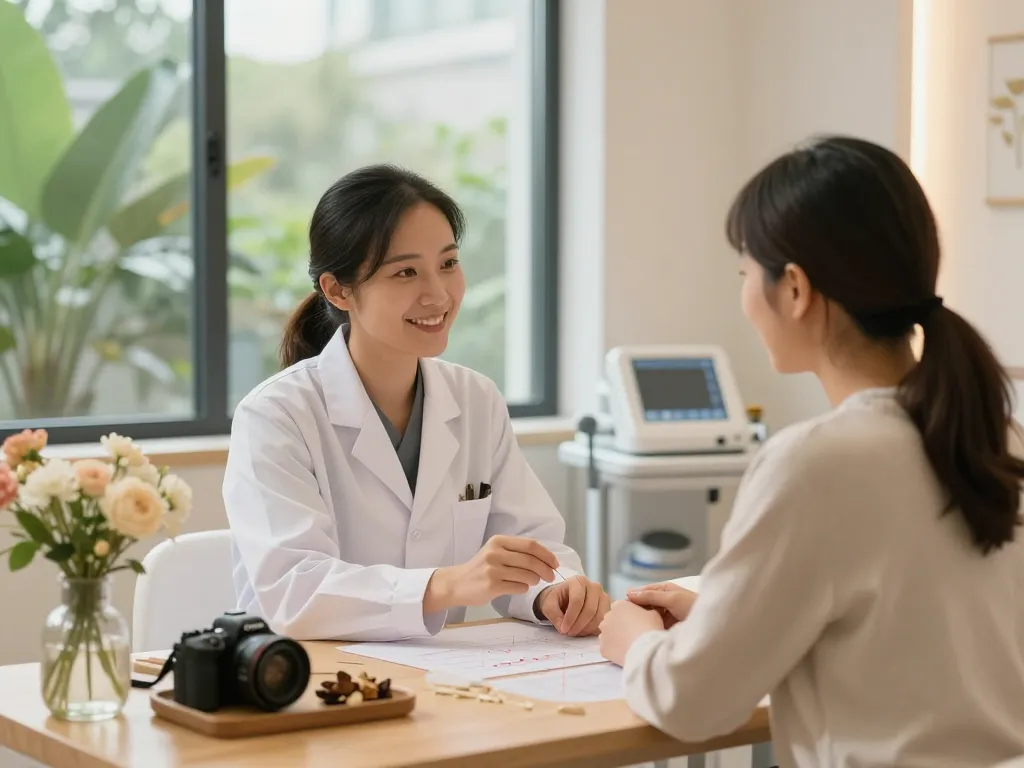 Patient consultation at 수원한의원 with acupuncture and herbal remedies.