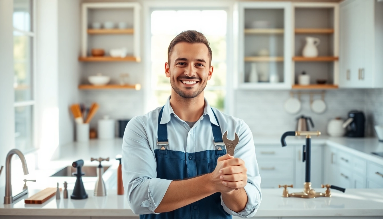Plumber near me providing friendly service in a modern kitchen.