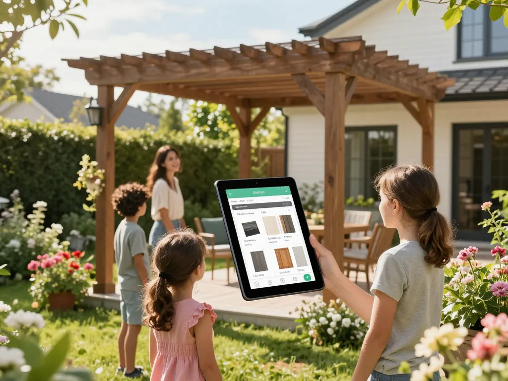 Famille utilisant le configurateur pergola avec devis dans un jardin ensoleillé.