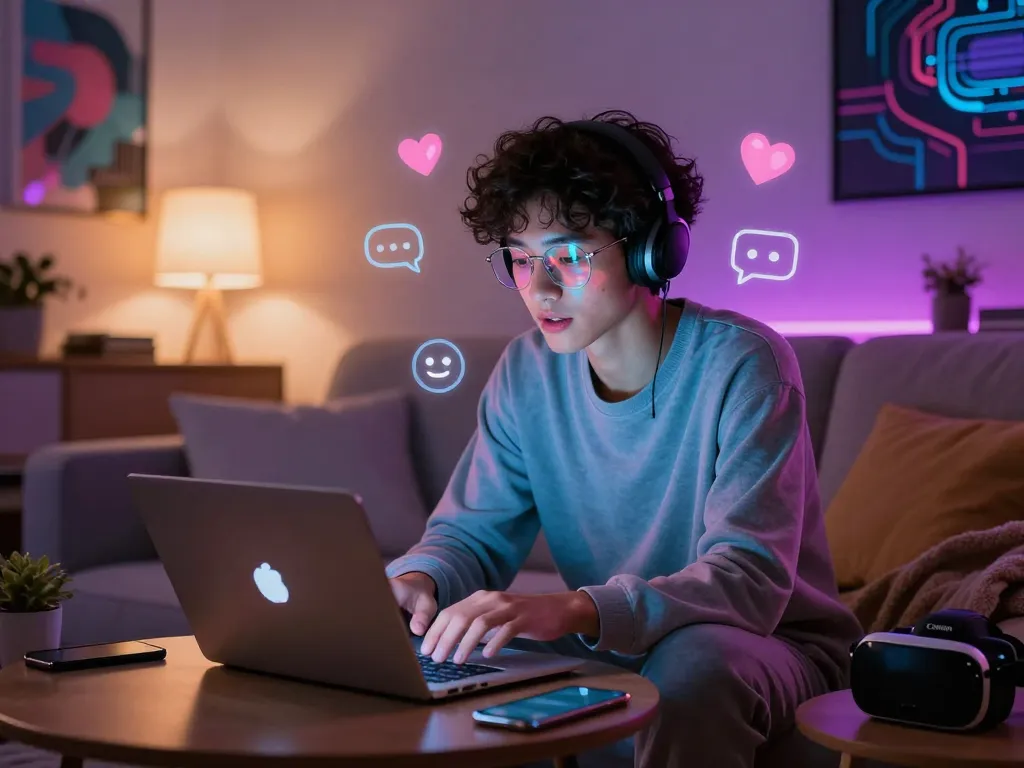 Youthful adult engaging in a cozy sex chat AI conversation at night in a neon-lit living room, showcasing a warm and inviting atmosphere.