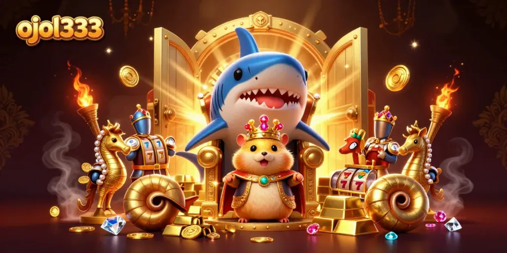 Experience thrilling gameplay with ojol333 illustrated in a dynamic scene featuring a golden hamster king and vibrant casino elements.