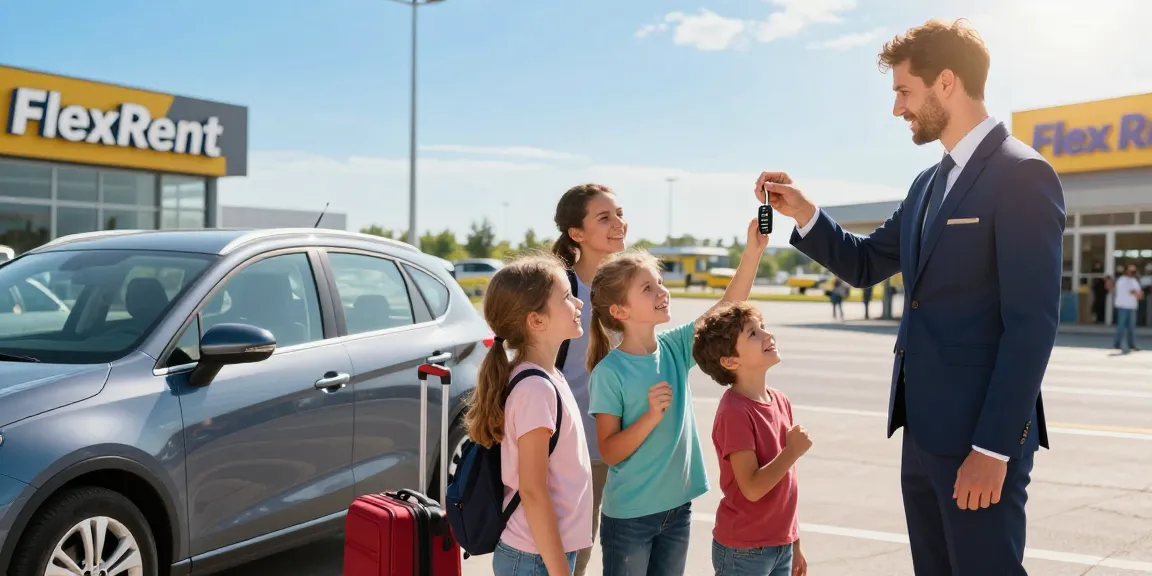 FlexRent car rental service at Chișinău airport with cheerful family and professional staff.